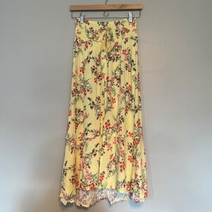 VTG Y2K Yellow Floral Smocked Maxi Skirt Boho High Low Tassel Medium 7-9